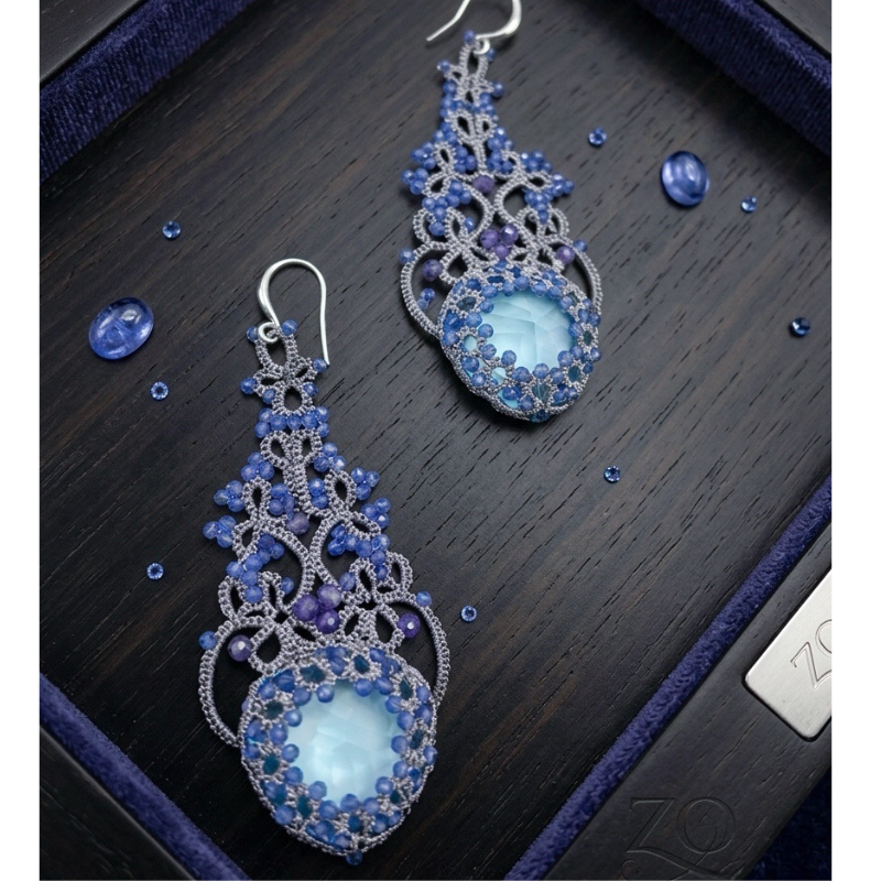 Hand-Tatted Natural Aquamarine Lace Earrings S925 Sterling Silver Elegant Unique Statement Jewelry