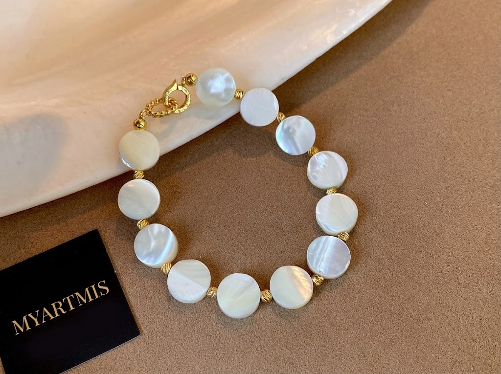Natural Mother of Pearl Shell Beaded Choker Necklace & Matching Bracelet Jewelry Set for Women