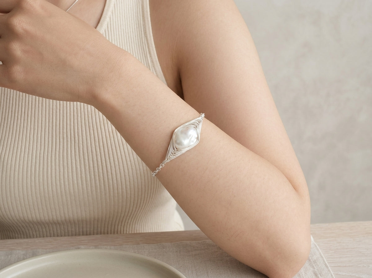 Handmade Wire Wrapped Pearl Bangle, Freshwater Baroque Pearl Silver Cuff Bracelet, Unique Bridal Gift for Her, Adjustable Jewelry