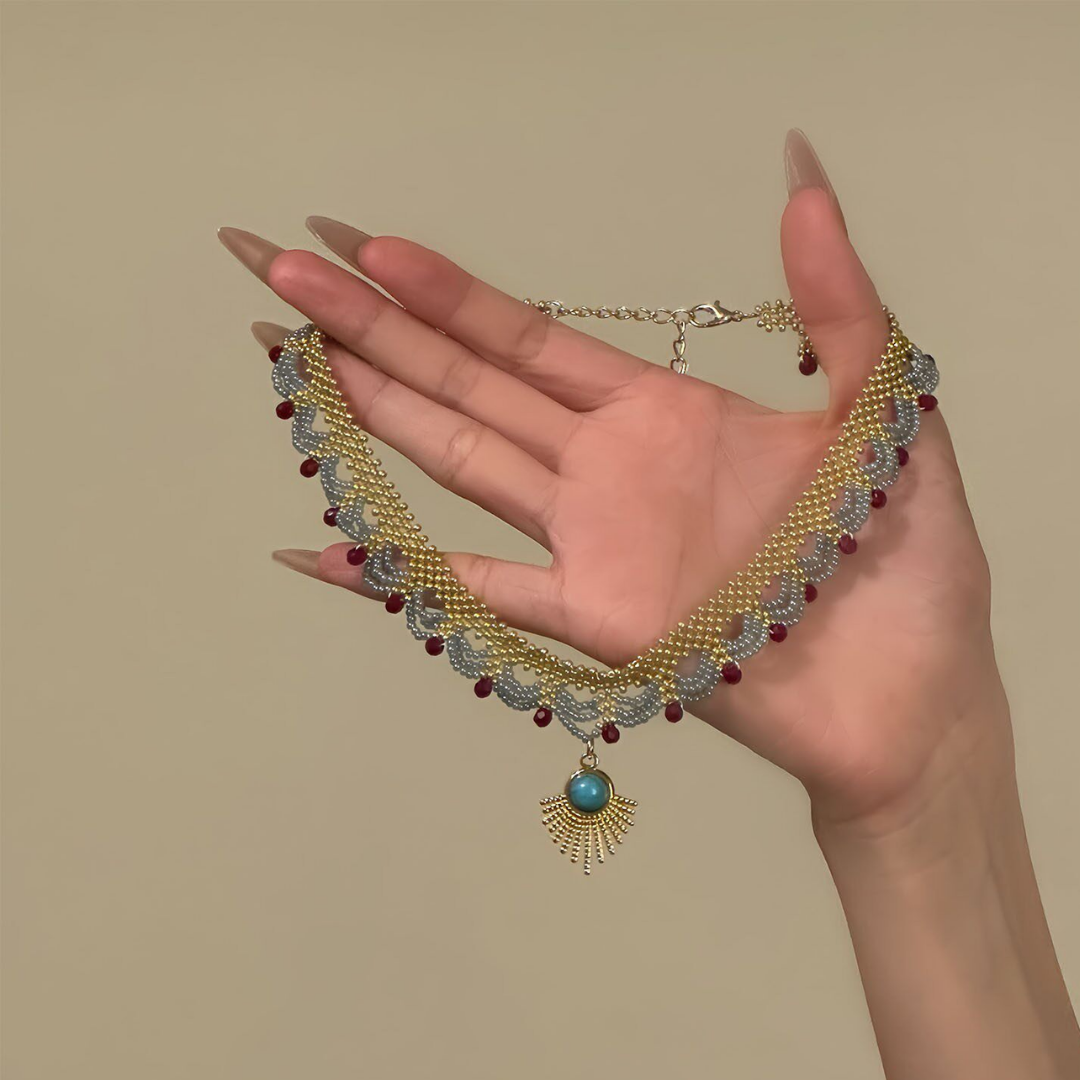 Handwoven Royal Red Blue Lace Choker Vintage Statement Necklace