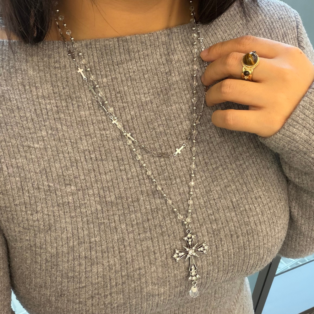 Layered Metal Cross Pendant Vintage Style Necklace