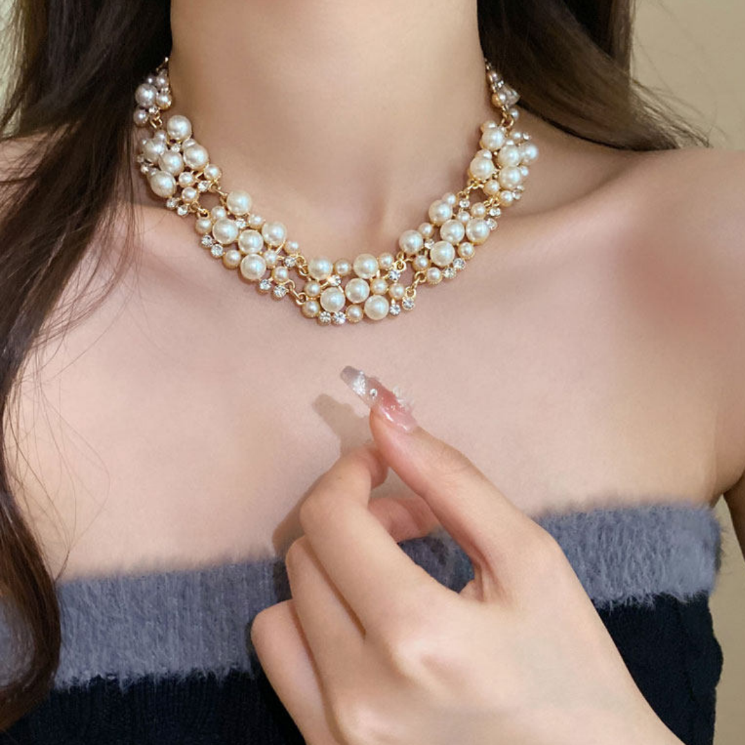 Handwoven French Pearl Statement Layered Gold Beaded Collar Necklace