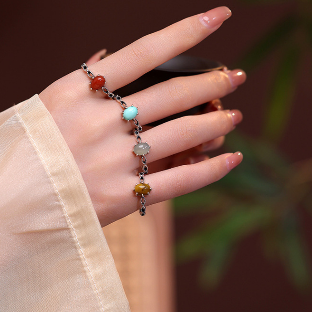 Red Agate Hetian Jade Silver Protection Ring