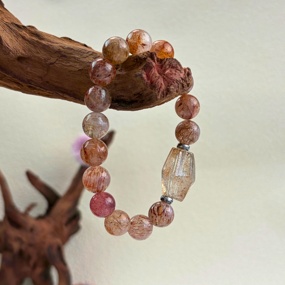 Golden Rutilated Quartz Silver Abundance Confidence Energy Crystal Bracelet