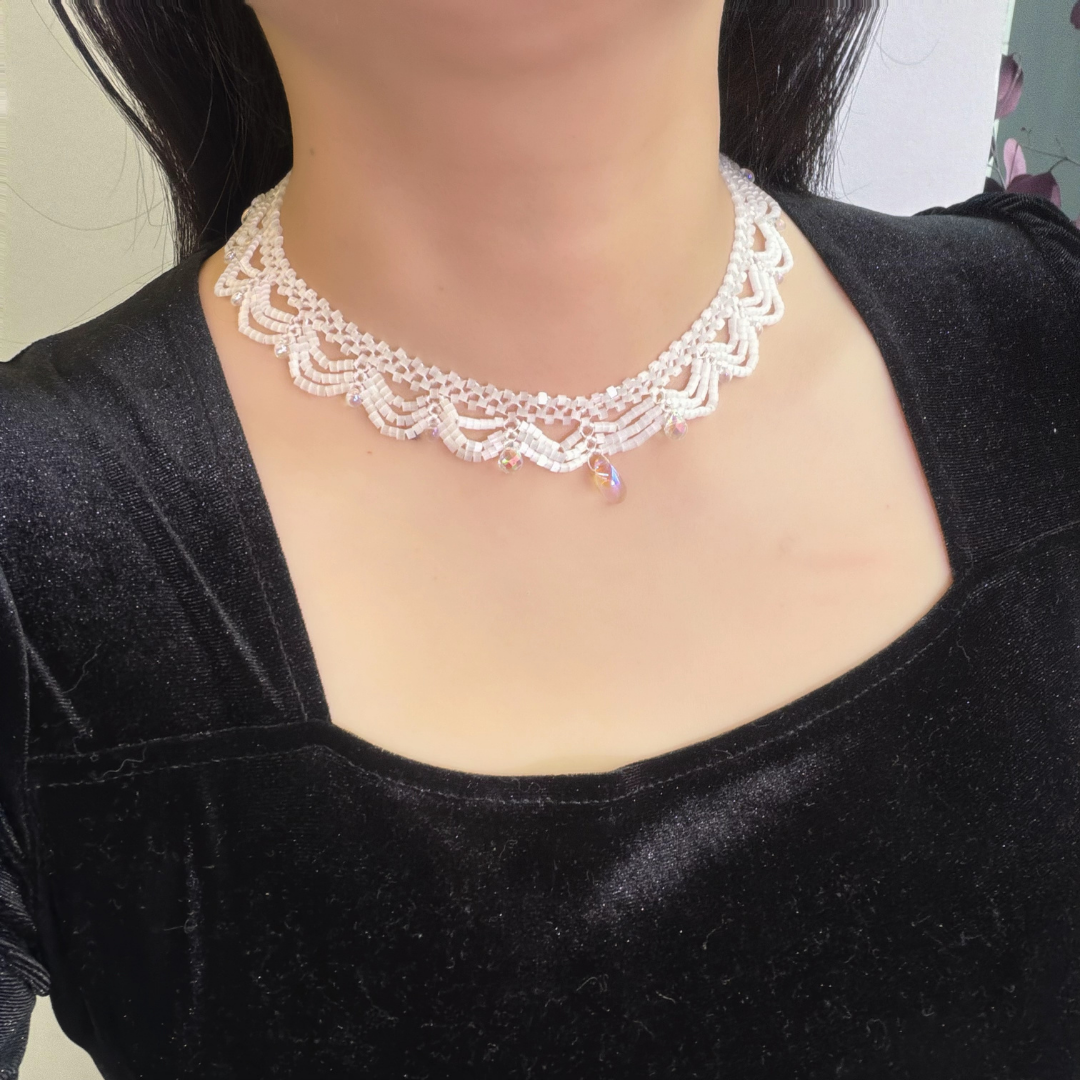 Handwoven White Opal Crystal Beaded Lace Necklace / Bracelet