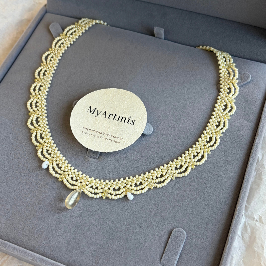 Handwoven Beaded Lace Pale Yellow Vintage French Style Necklace