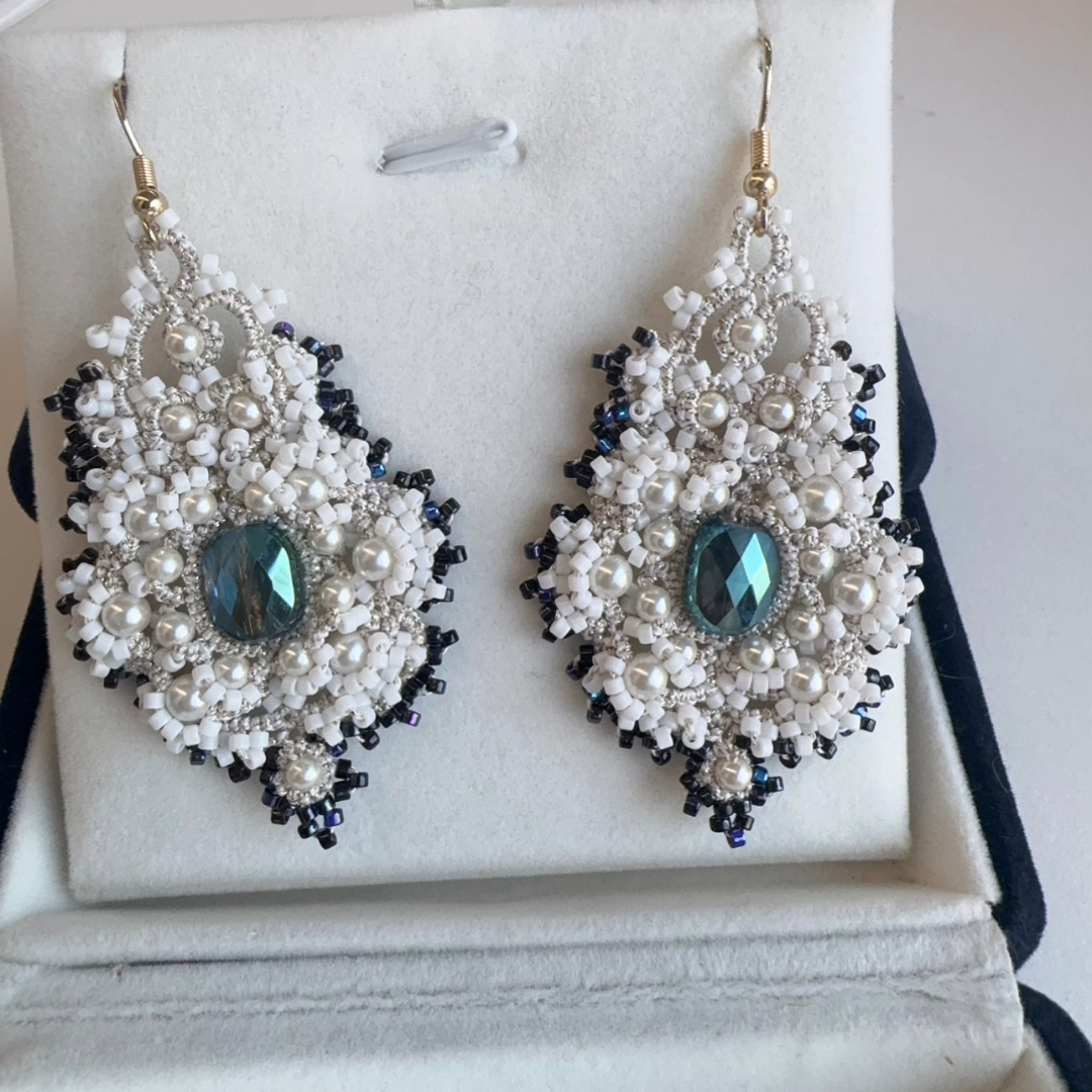 Handwoven Pearl Crystal Beaded Lace Statement Earrings