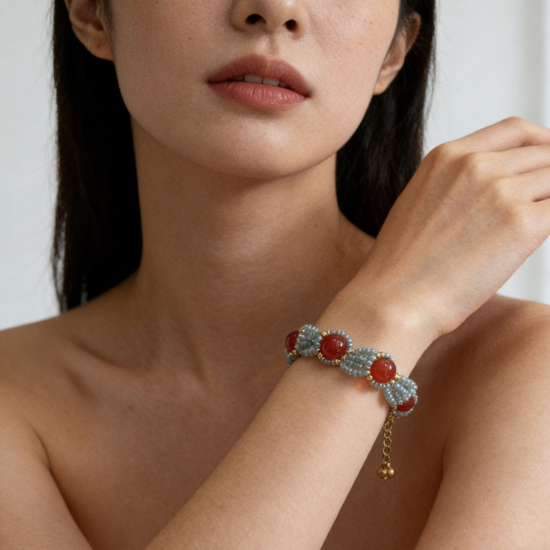 Handwoven Red Agate Lace Vintage Multi Layer Statement Necklace / Bracelet