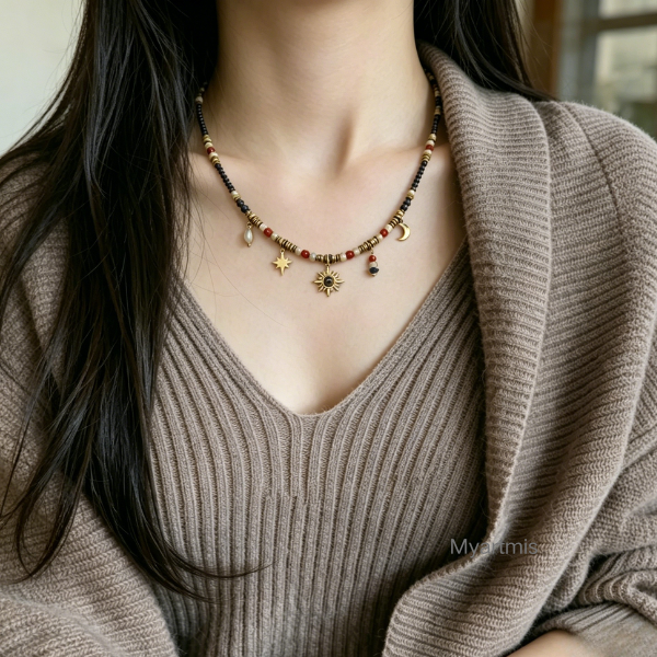 Celestial Natural Stone Layering Necklace, Tarnish-Free Star & Moon Choker, 520 Valentine's Gift for Her, Retro Aesthetic Jewelry