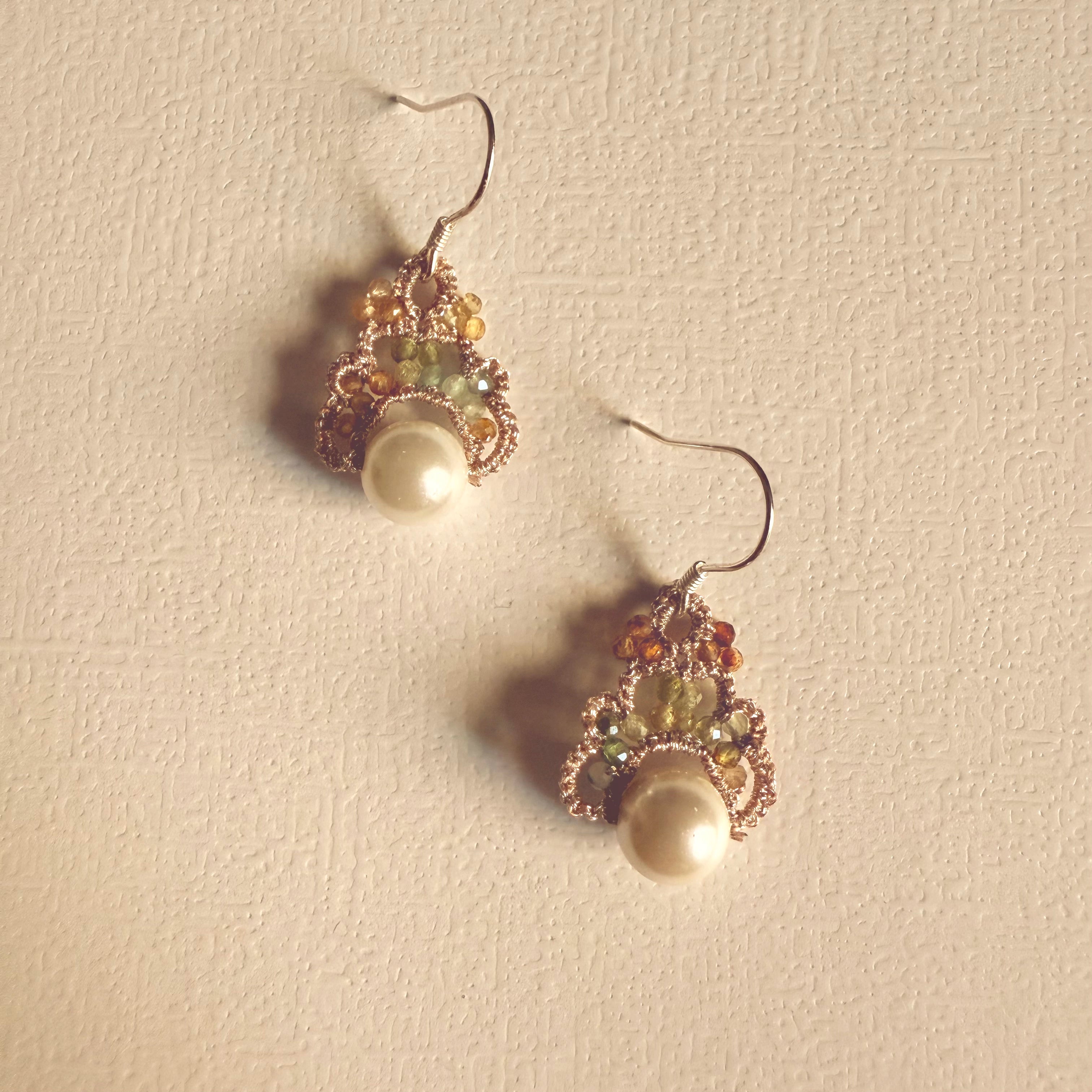 Handmade Lace Tatting Pearl Beaded Pastel Crystal Vintage Earrings