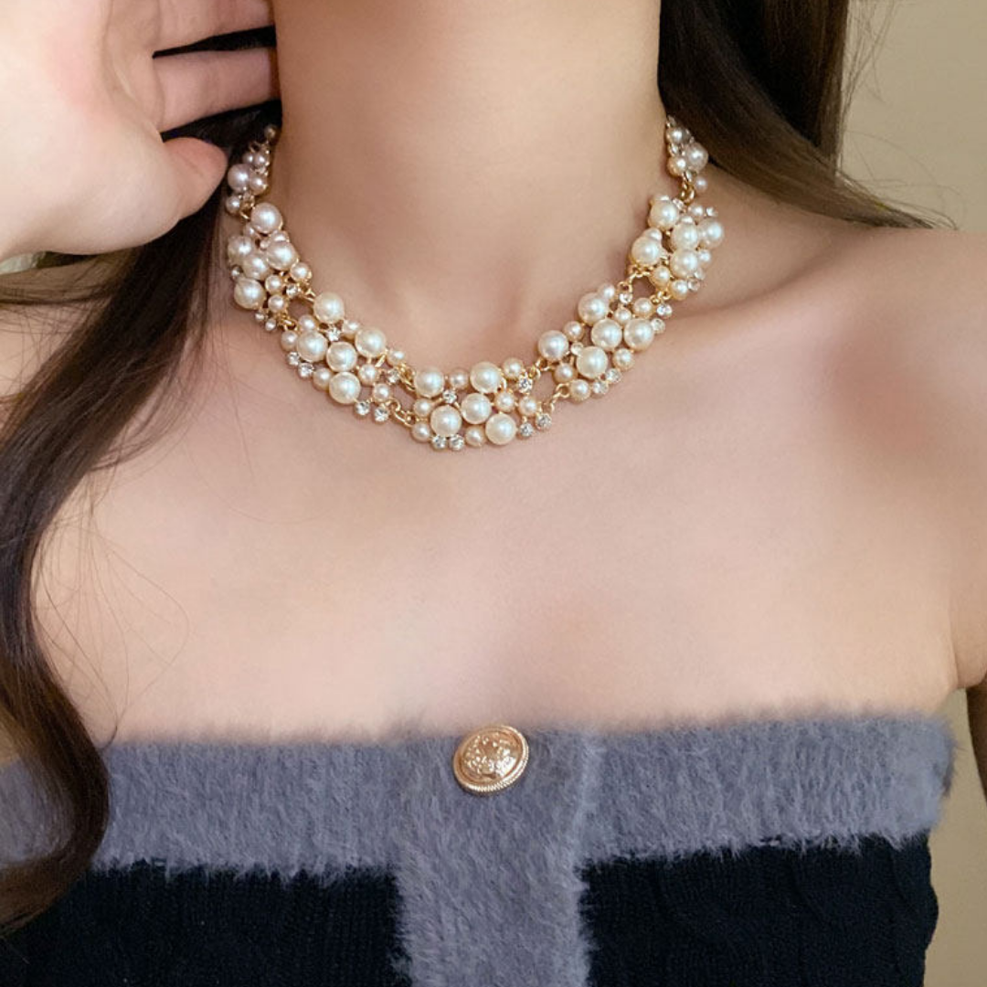 Handwoven French Pearl Statement Layered Gold Beaded Collar Necklace