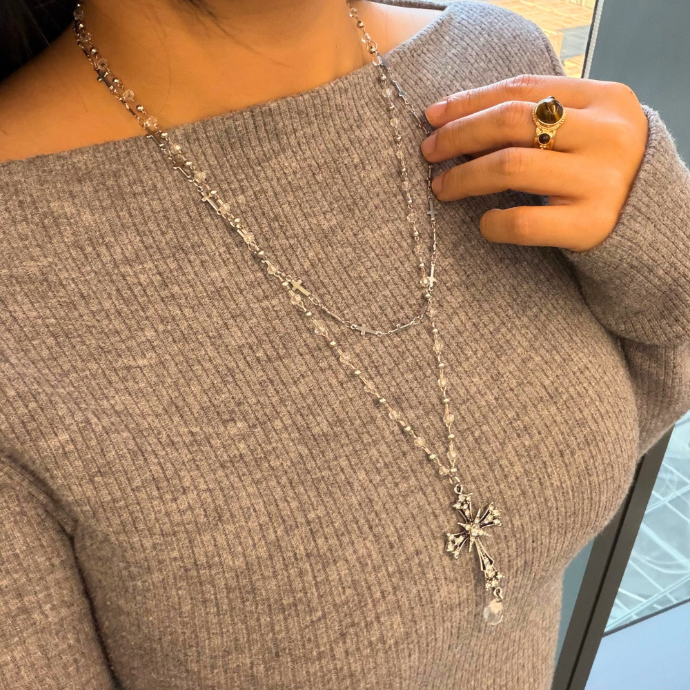 Layered Metal Cross Pendant Vintage Style Necklace