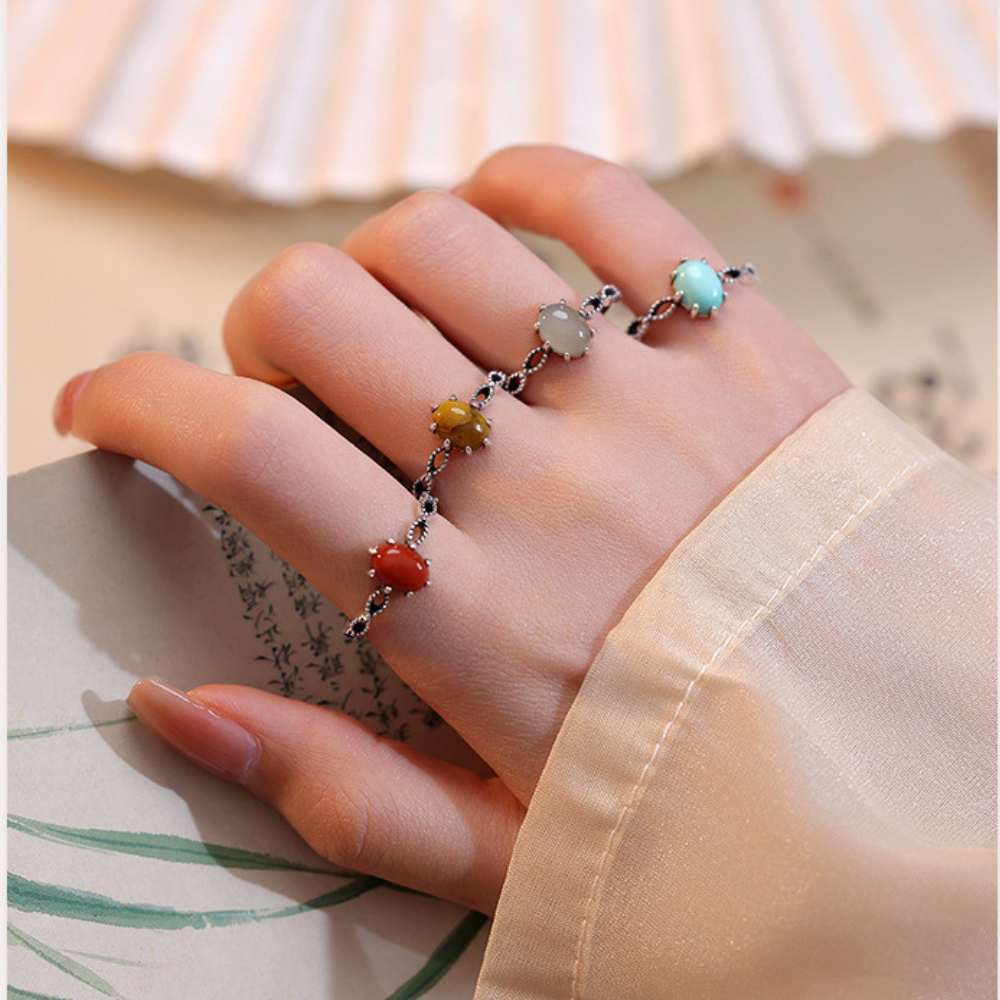 Red Agate Hetian Jade Silver Protection Ring