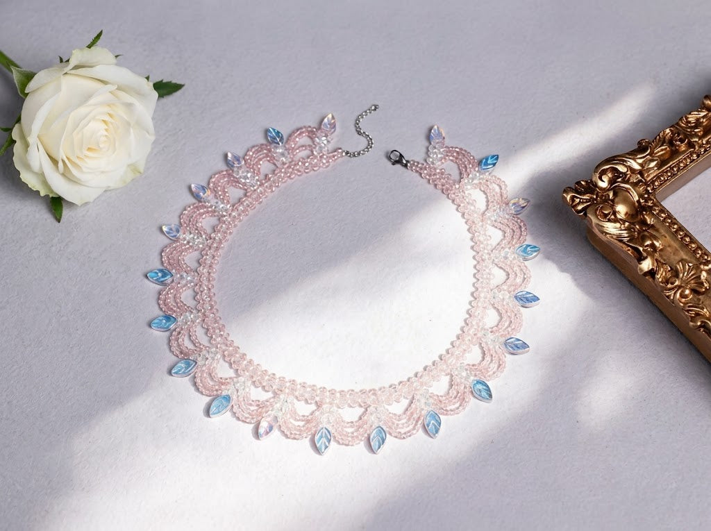 Handmade Glass Beaded Lace Choker Necklace, Iridescent Leaf Fringe Collar, Romantic Bridal Wedding Jewelry, Birthday Gift for Her