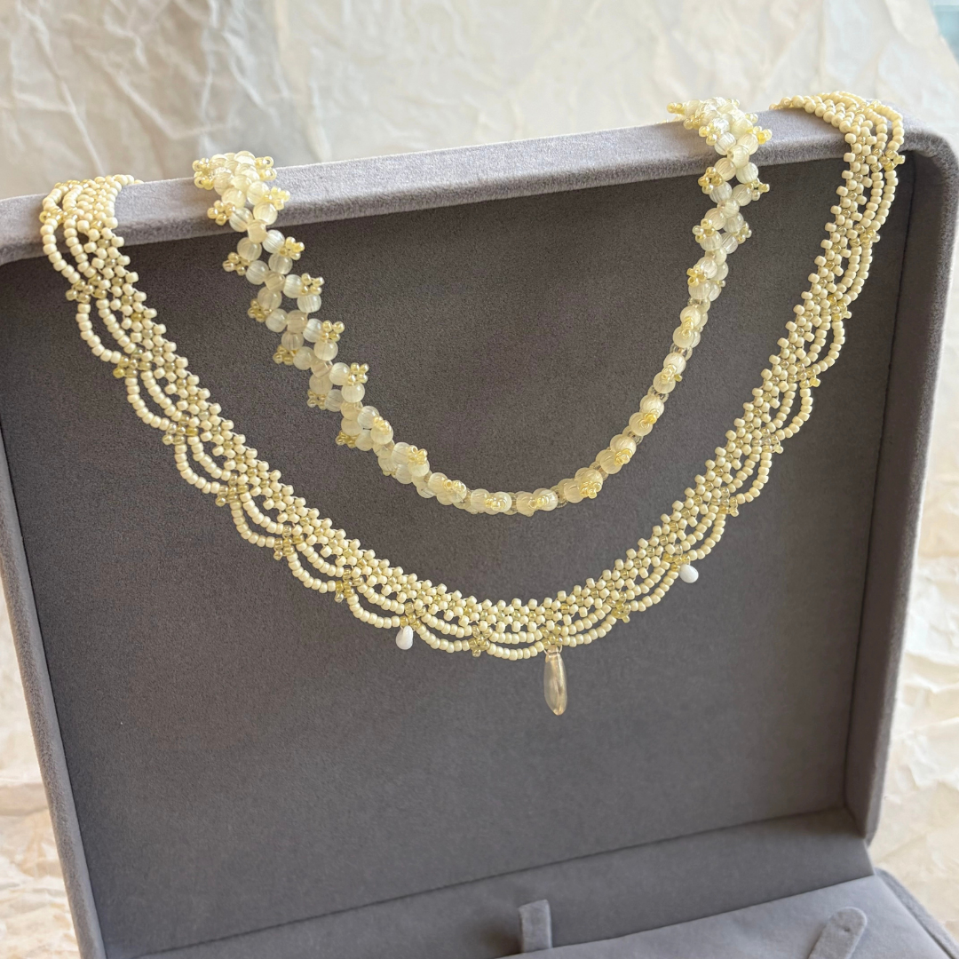 Handwoven Beaded Lace Pale Yellow Vintage French Style Necklace