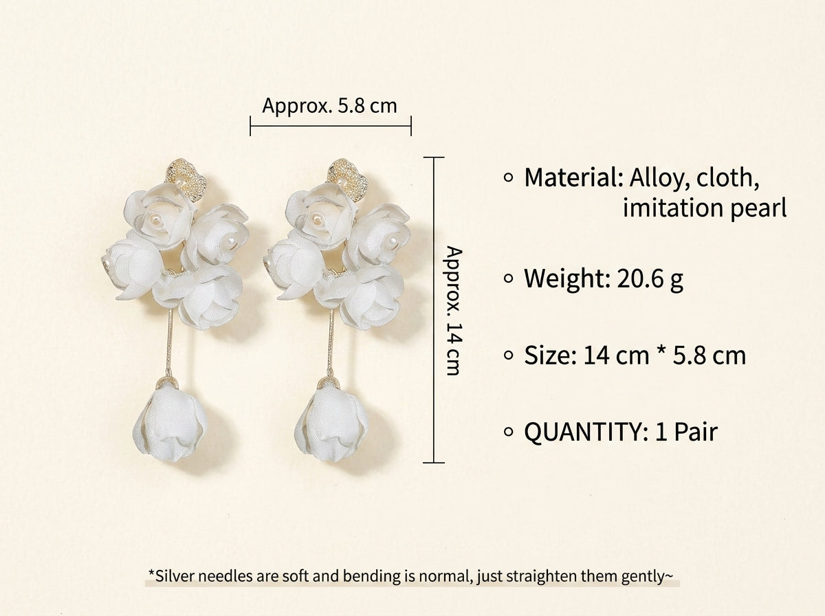Handmade Fabric Flower Long Tassel Earrings, Pearl Cascade Bridal Wedding Dangle Earrings, Boho Statement Vacation Jewelry, Gift for Her