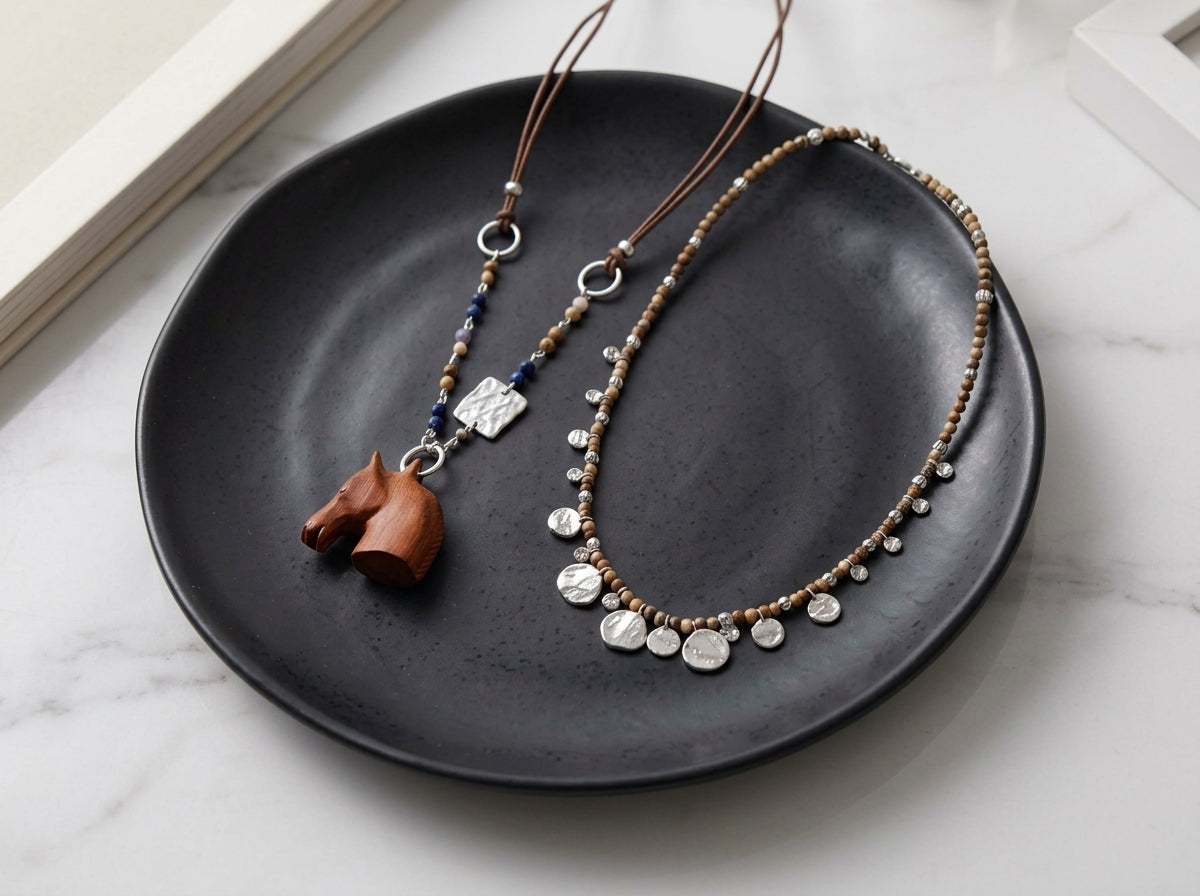 Boho Layered Beaded Pendant Necklace for Women - Vintage Feather & Horse Charm Choker Set