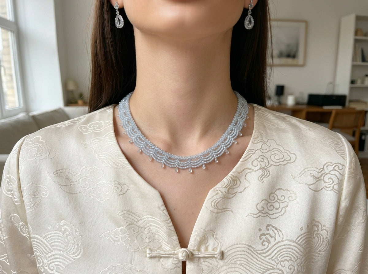 Handmade Ice Blue Beaded Lace Choker Necklace, Elegant Pearl Seed Bead Collar, Vintage Chinese Style Bridal Jewelry Gift for Her
