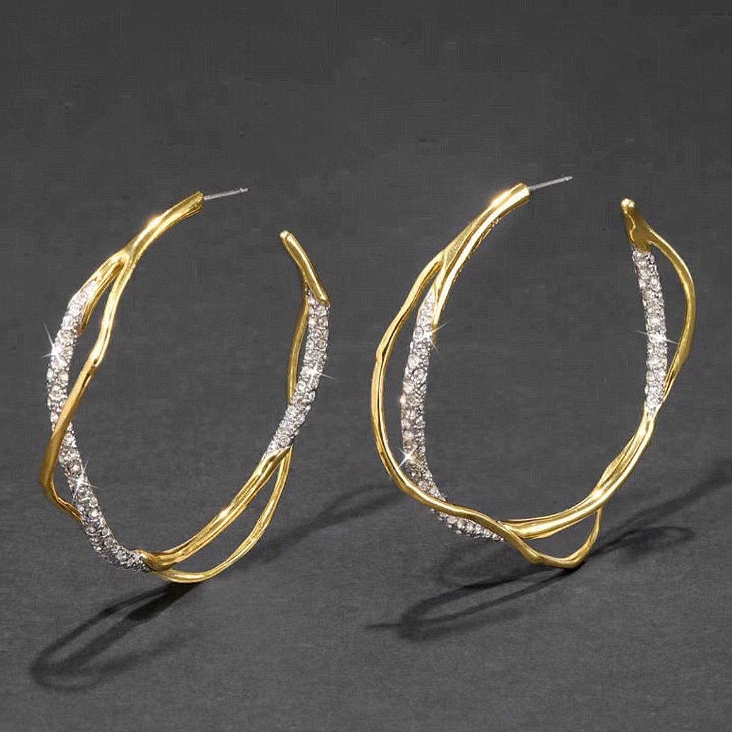 Gold Twisted Hoop Cubic Zirconia Modern Statement Earrings