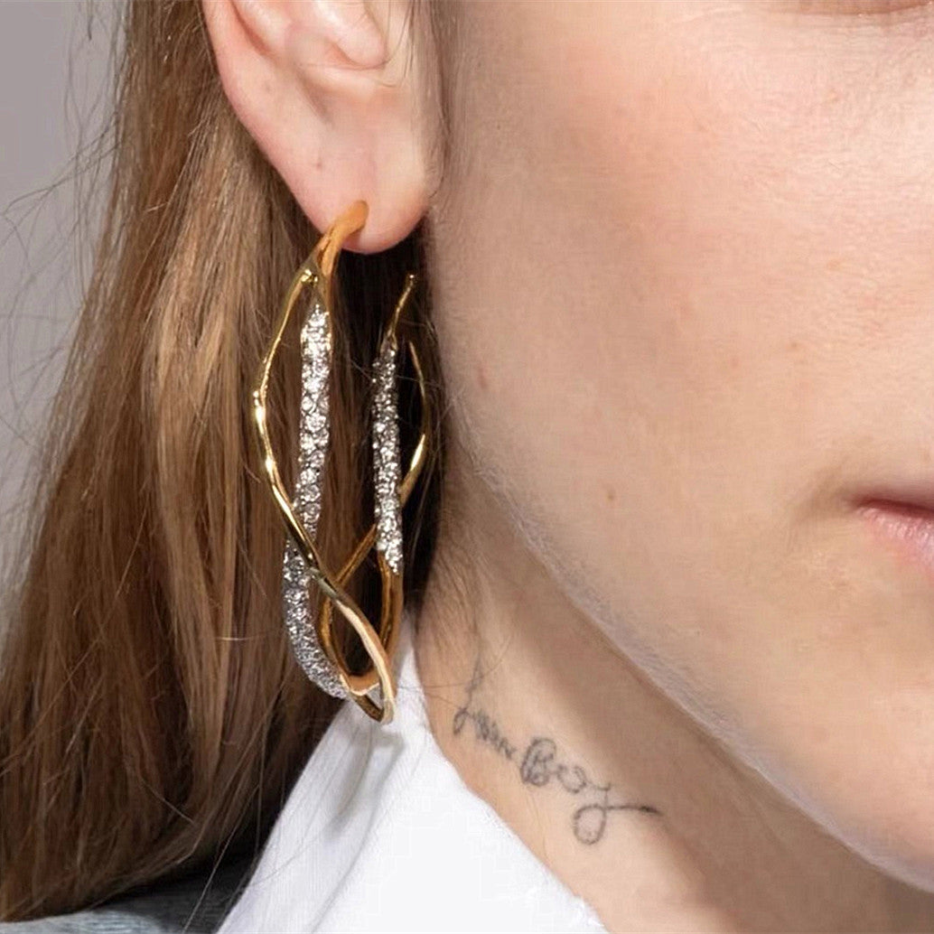 Gold Twisted Hoop Cubic Zirconia Modern Statement Earrings
