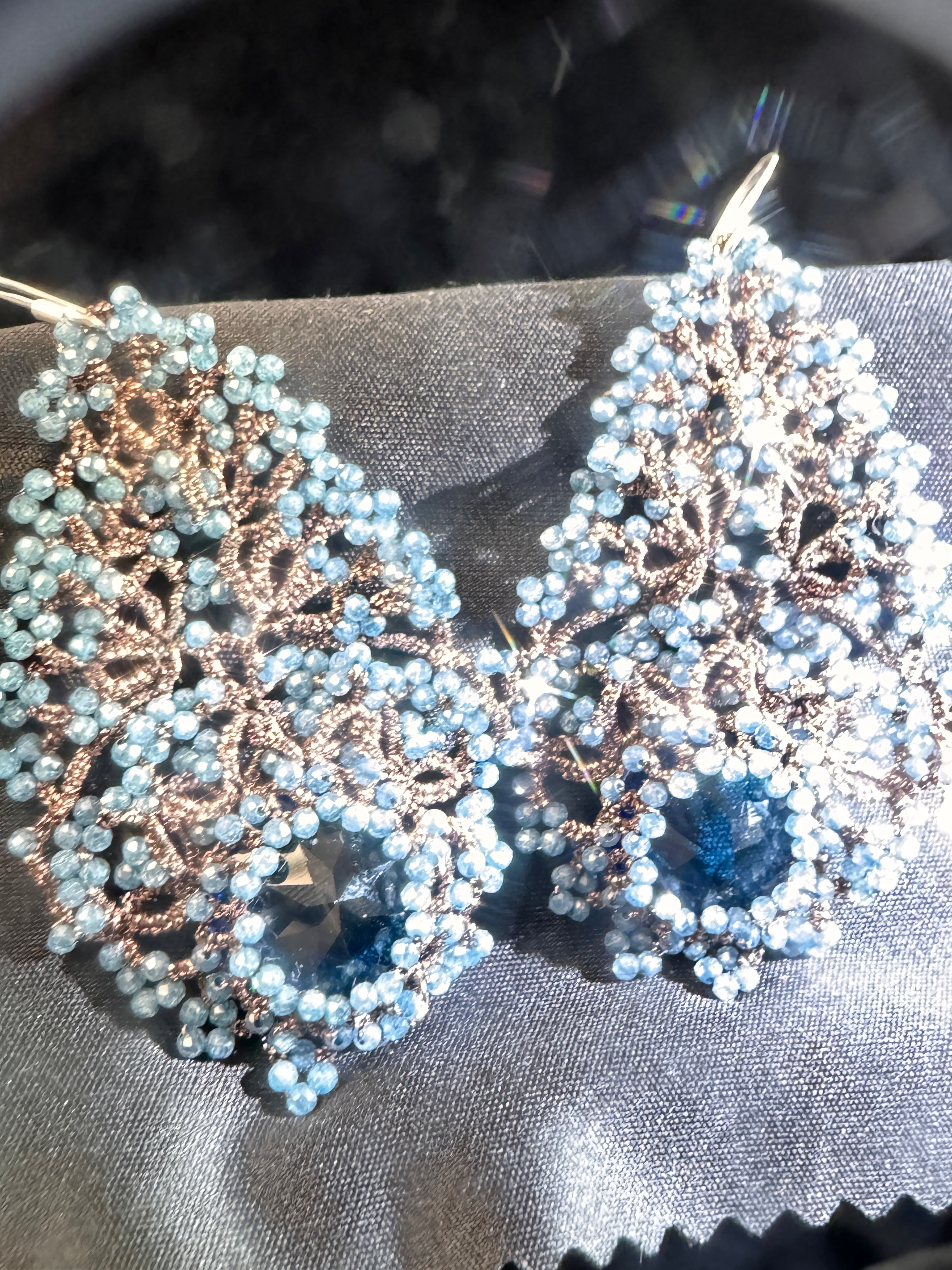 Handwoven Blue Chalcedony Lace Statement Earrings in 925 Silver