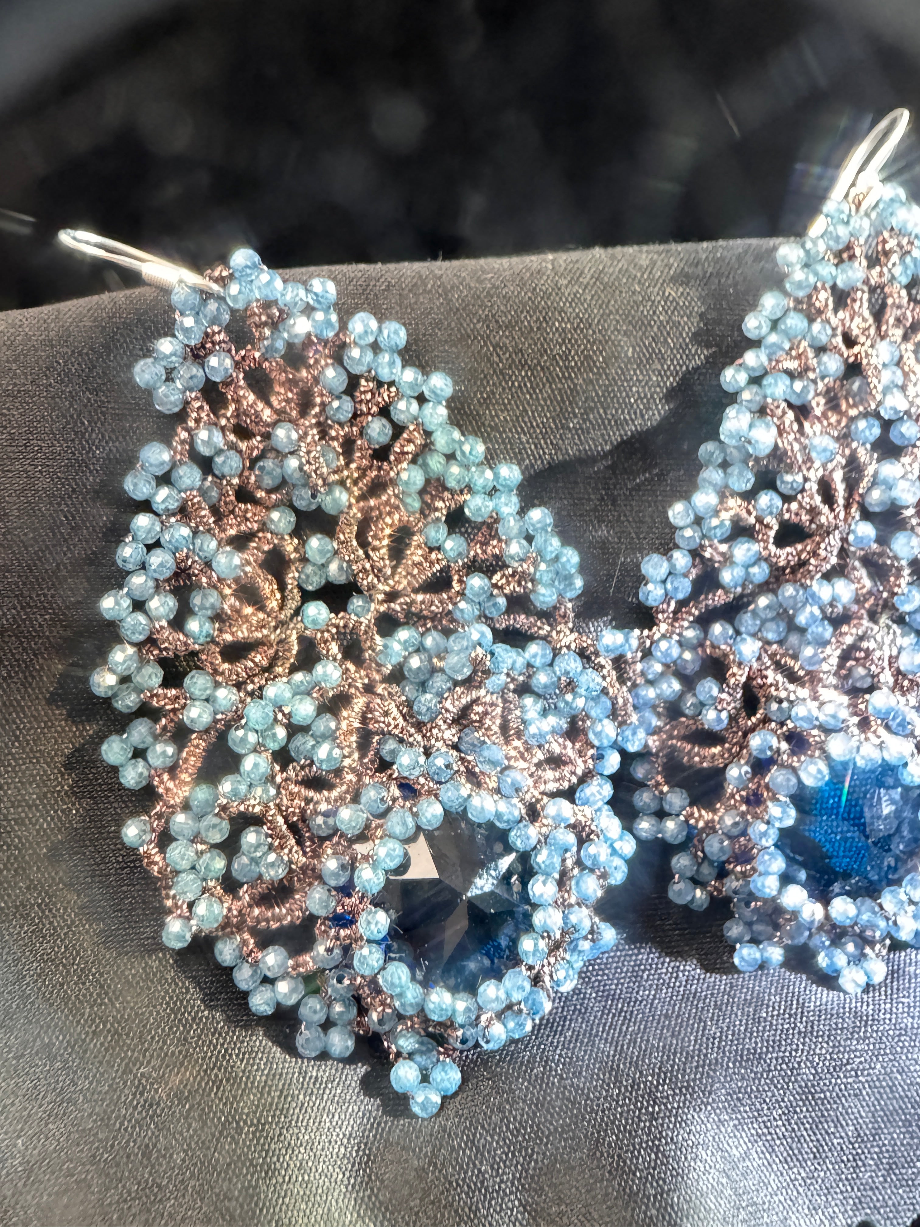 Handwoven Blue Chalcedony Lace Statement Earrings in 925 Silver