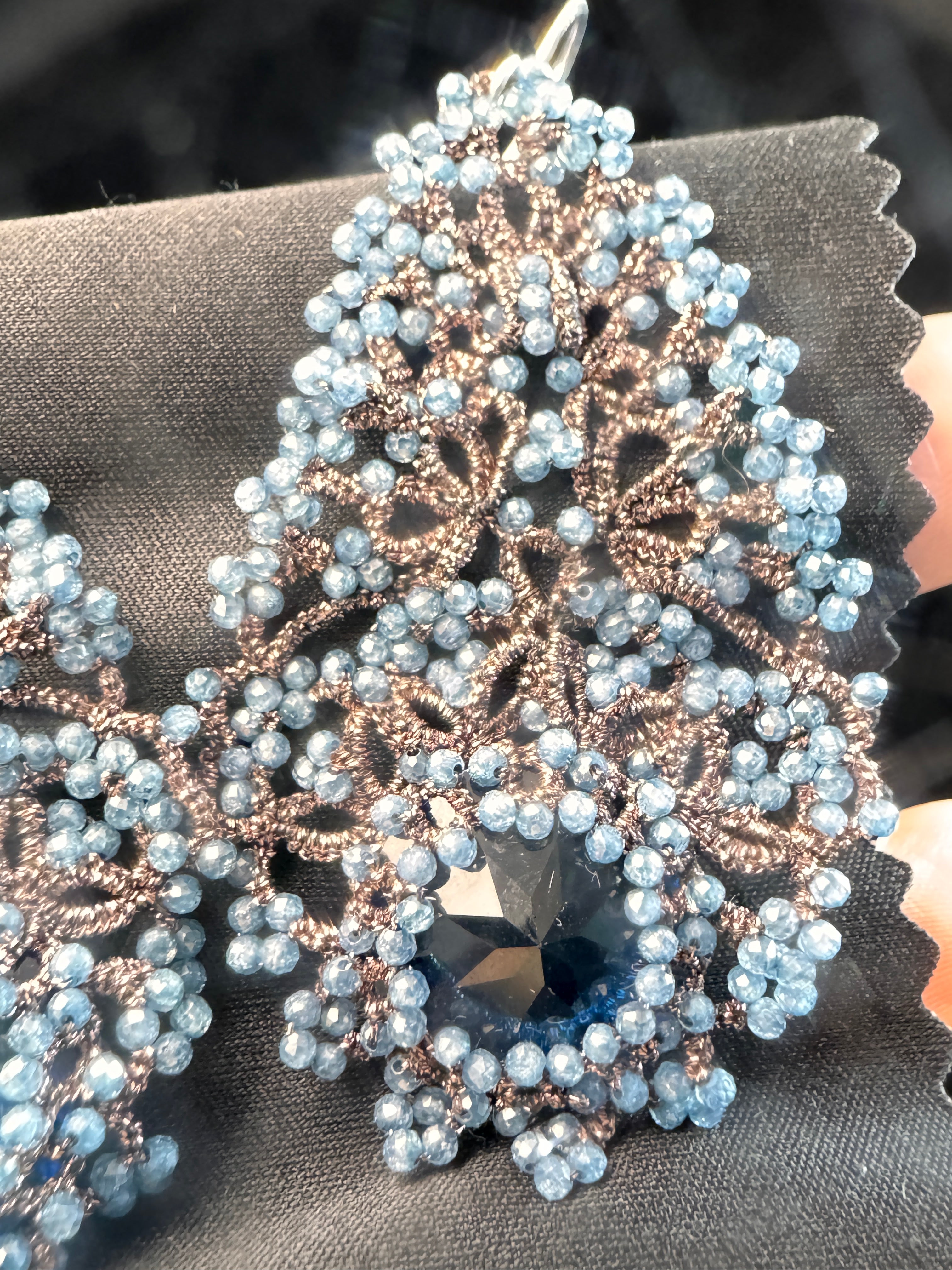 Handwoven Blue Chalcedony Lace Statement Earrings in 925 Silver