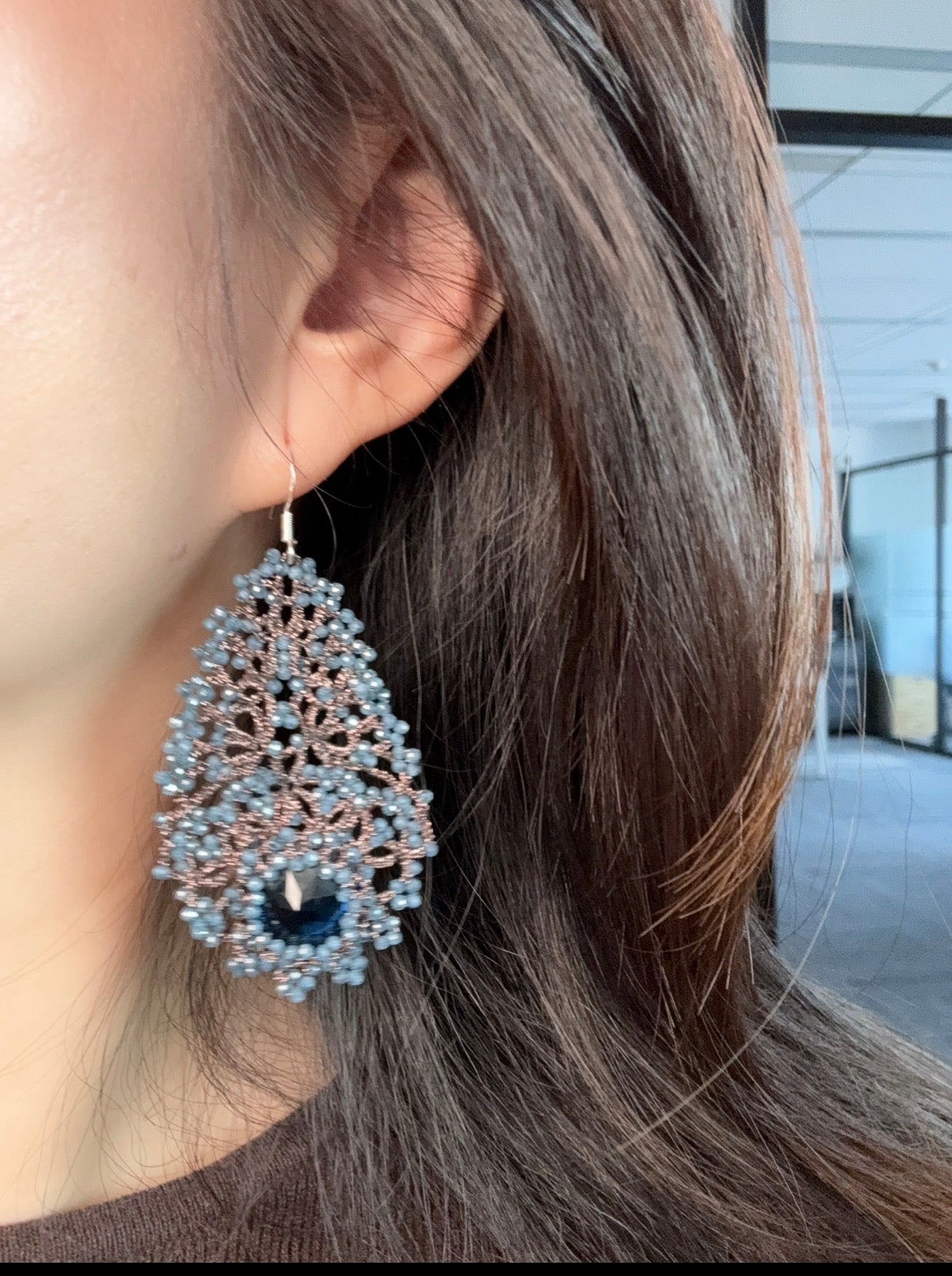 Handwoven Blue Chalcedony Lace Statement Earrings in 925 Silver