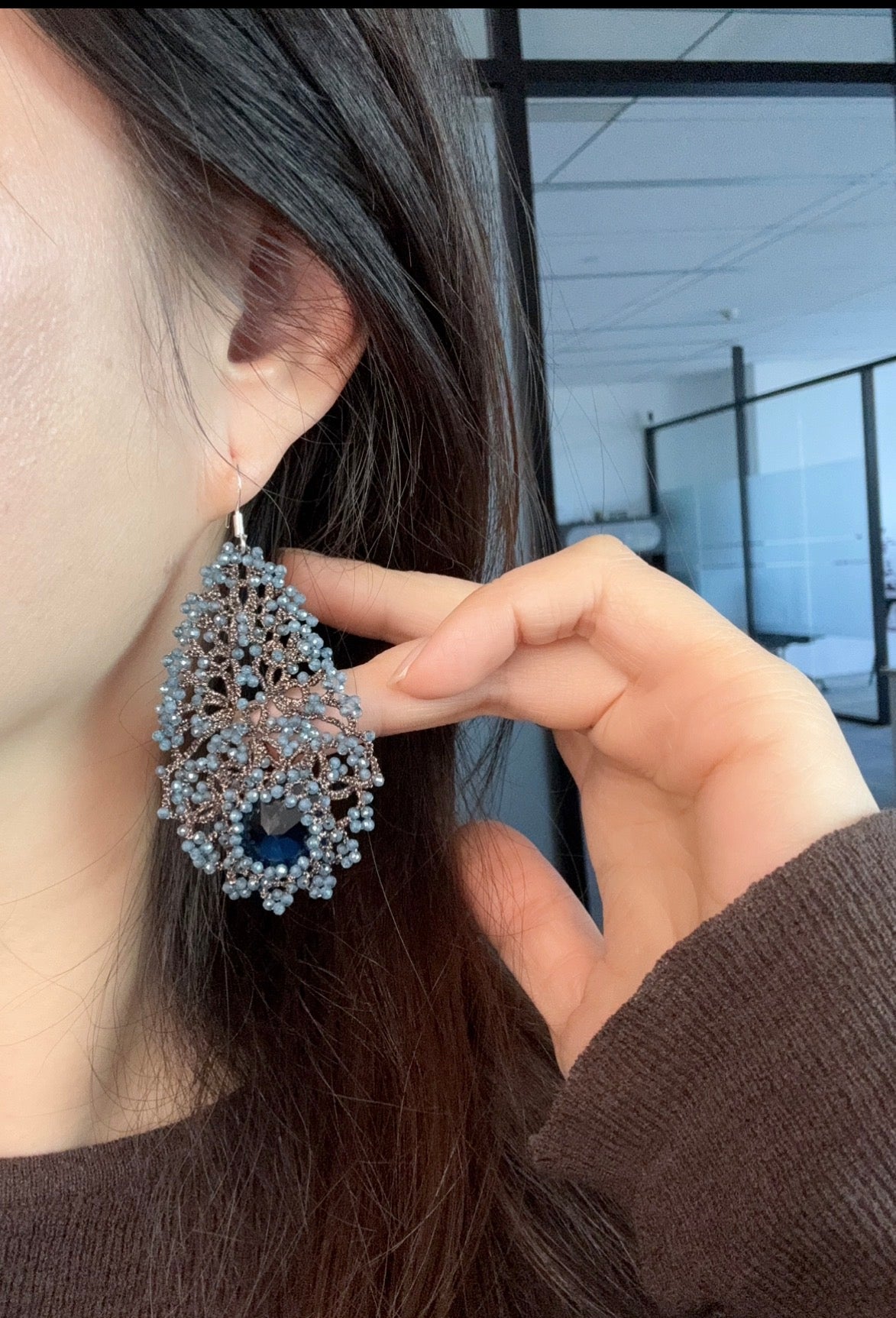 Handwoven Blue Chalcedony Lace Statement Earrings in 925 Silver