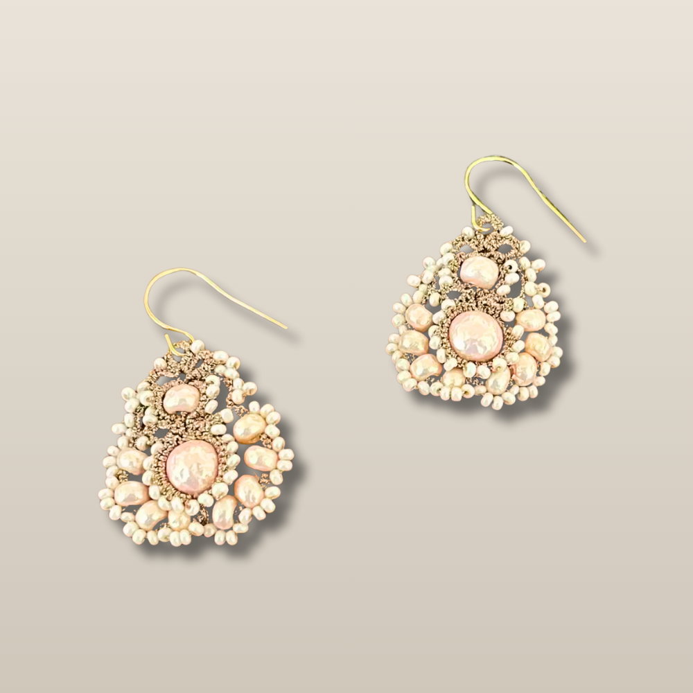 Handmade Lace Tatting Vintage Pearl Beaded Elegant Earrings