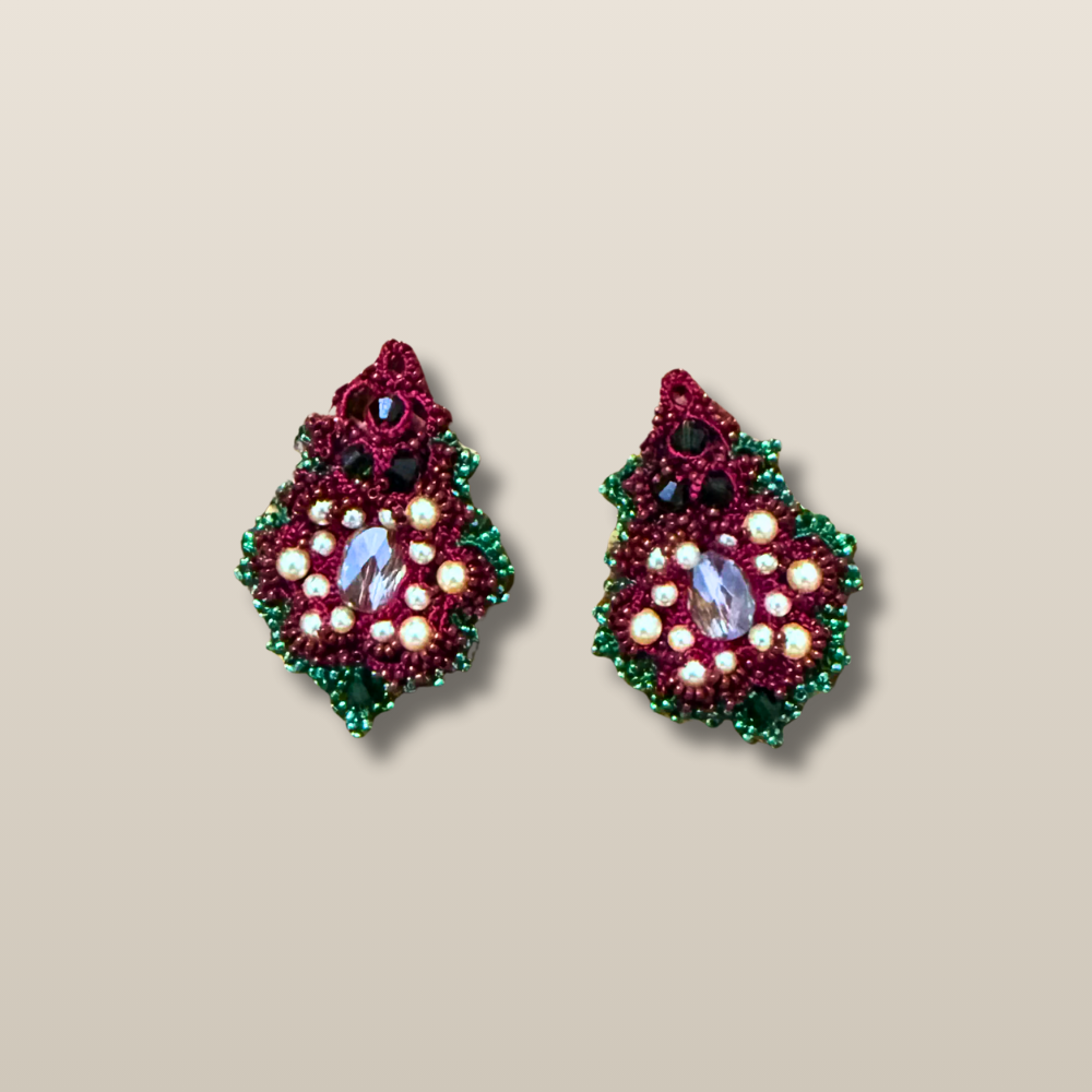 Christmas Tatting Lace Beaded Pearl Crystal Handmade Earrings