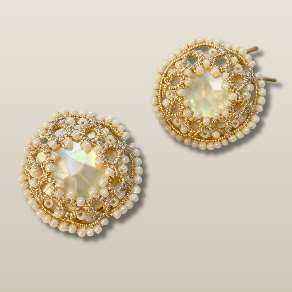 Tatting Lace Pearl Beaded Handmade Vintage White Bridal Earrings