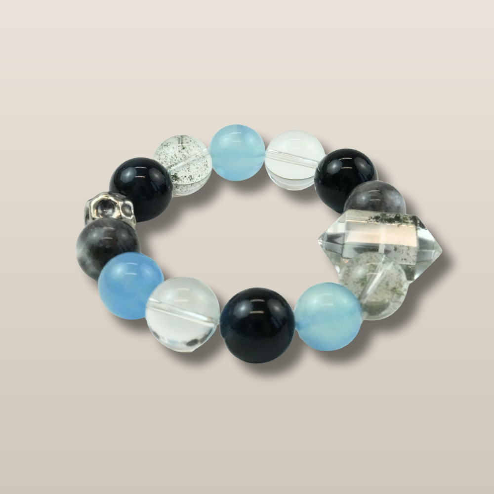 Black Obsidian Aquamarine Clear Quartz Energy Protection Calming Balance Bracelet