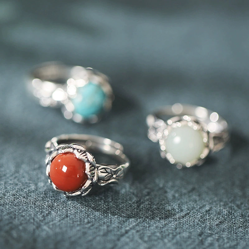 Jade Agate Turquoise Silver Protection Ring