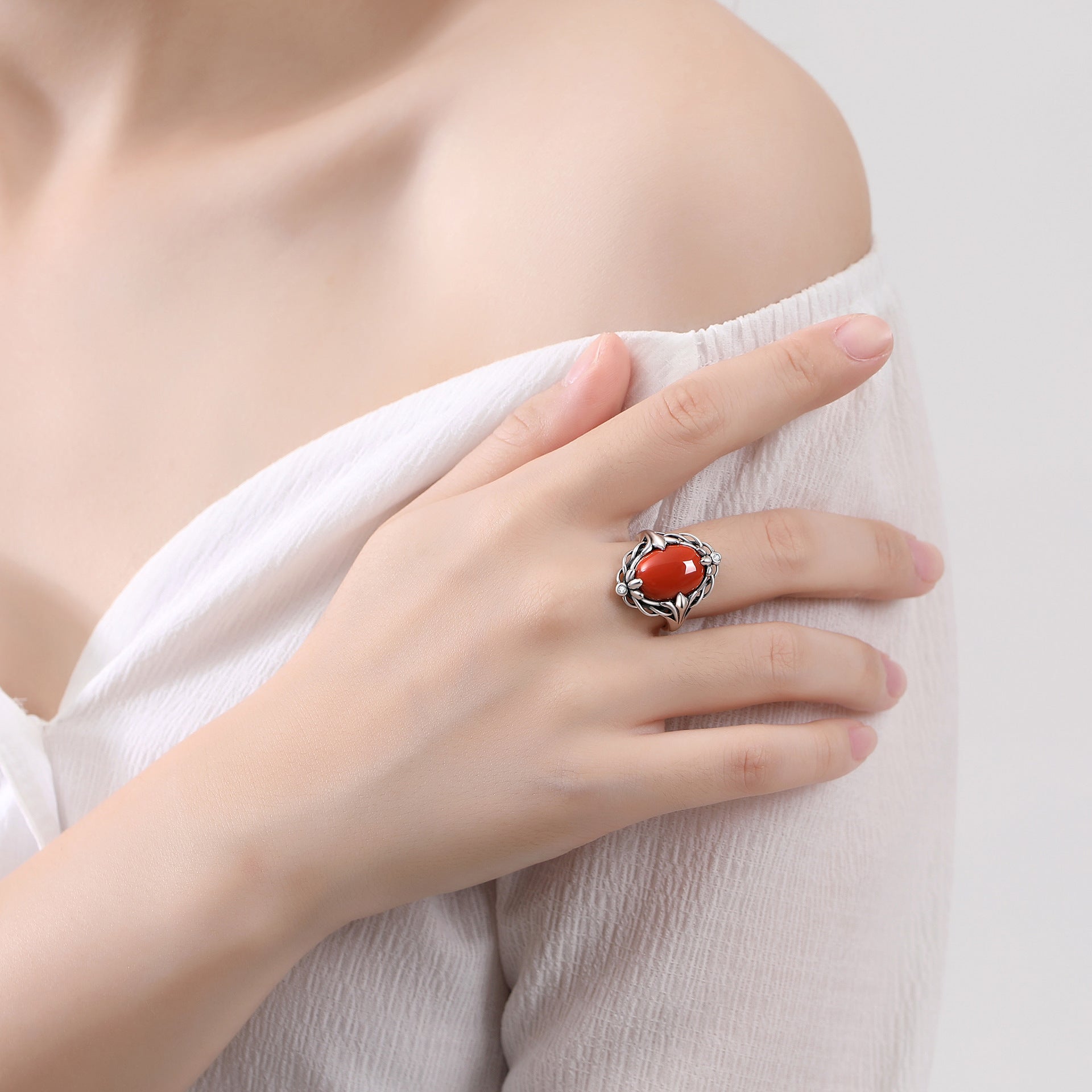 Red Agate Lotus Silver Healing Ring