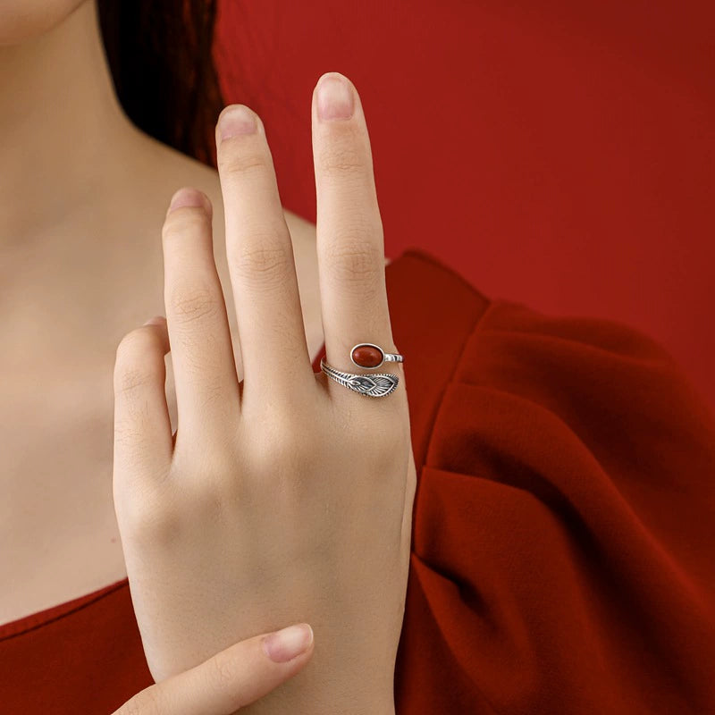 Red Agate Amethyst Turquoise Feather Ring