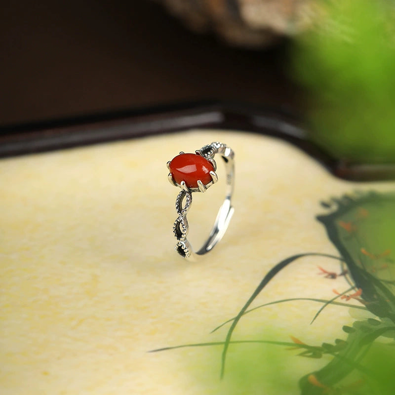 Red Agate Hetian Jade Silver Protection Ring