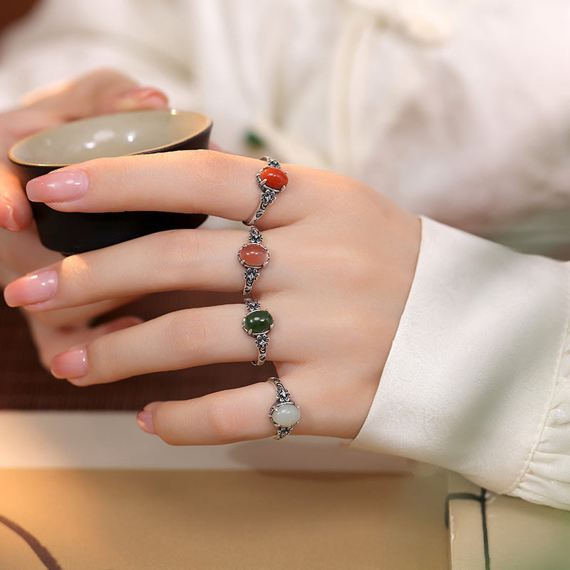 Red Agate Turquoise Silver Healing Ring