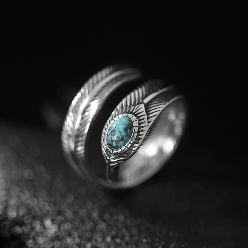 Turquoise Feather Silver Healing Ring