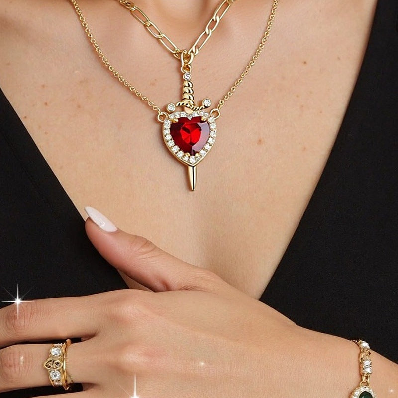 Red Heart Dagger Halo Pendant Plated Necklace