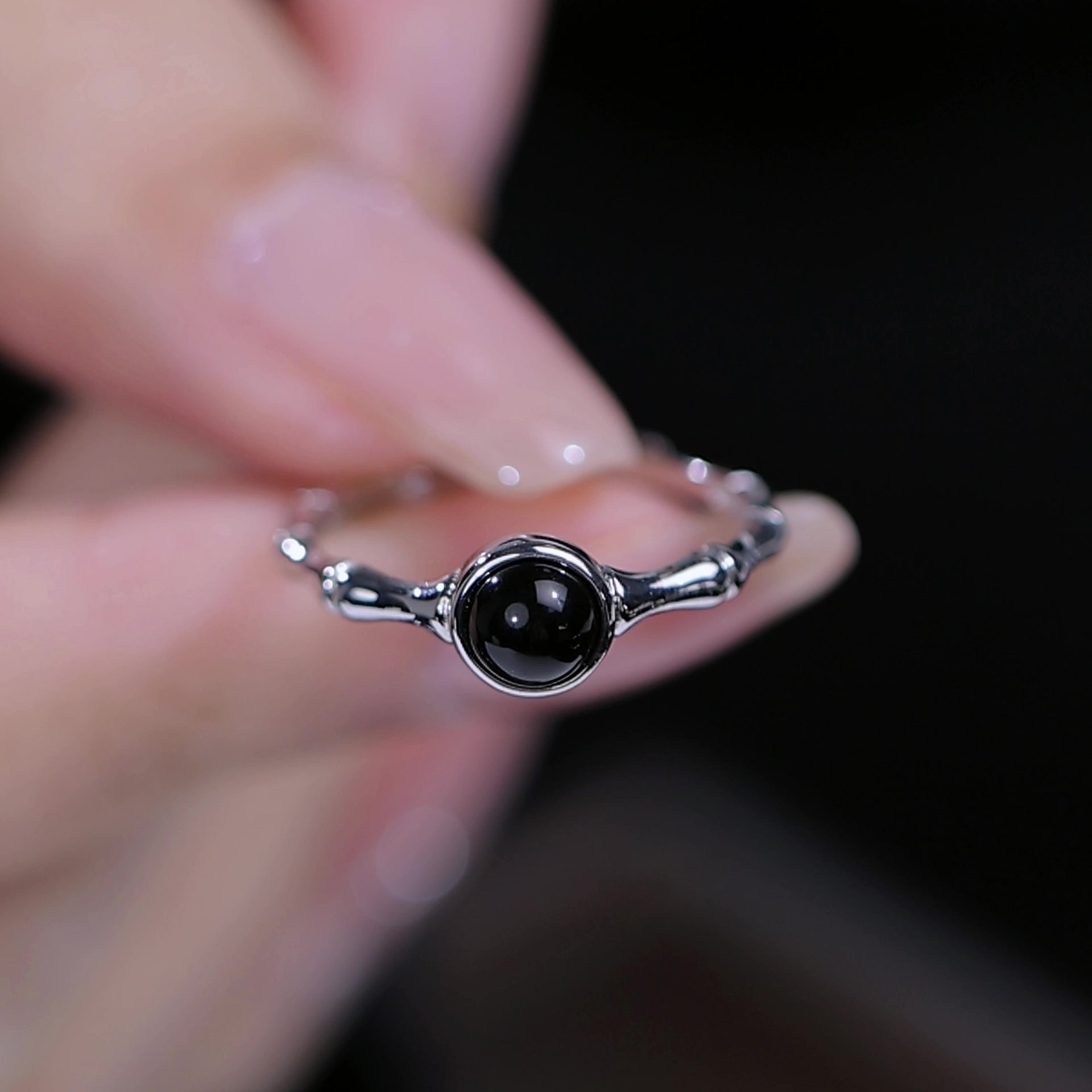 Black Tourmaline Bamboo Silver Balance Ring