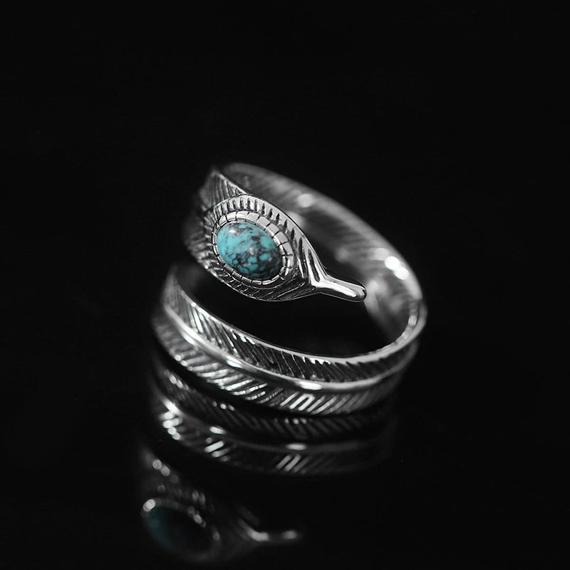 Turquoise Feather Silver Healing Ring