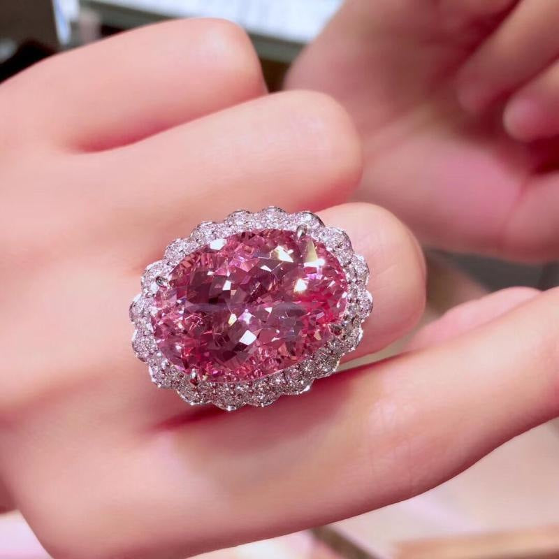 Pink Oval Halo Adjustable Plated Ring