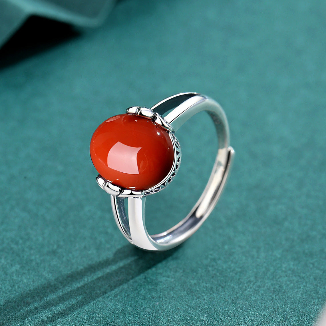 Hetian Jade Red Agate Silver Protection Ring