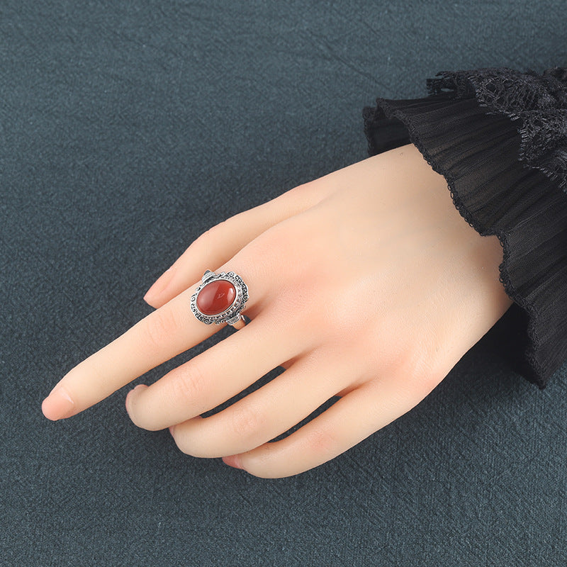 Red Agate Vintage Silver Adjustable Ring