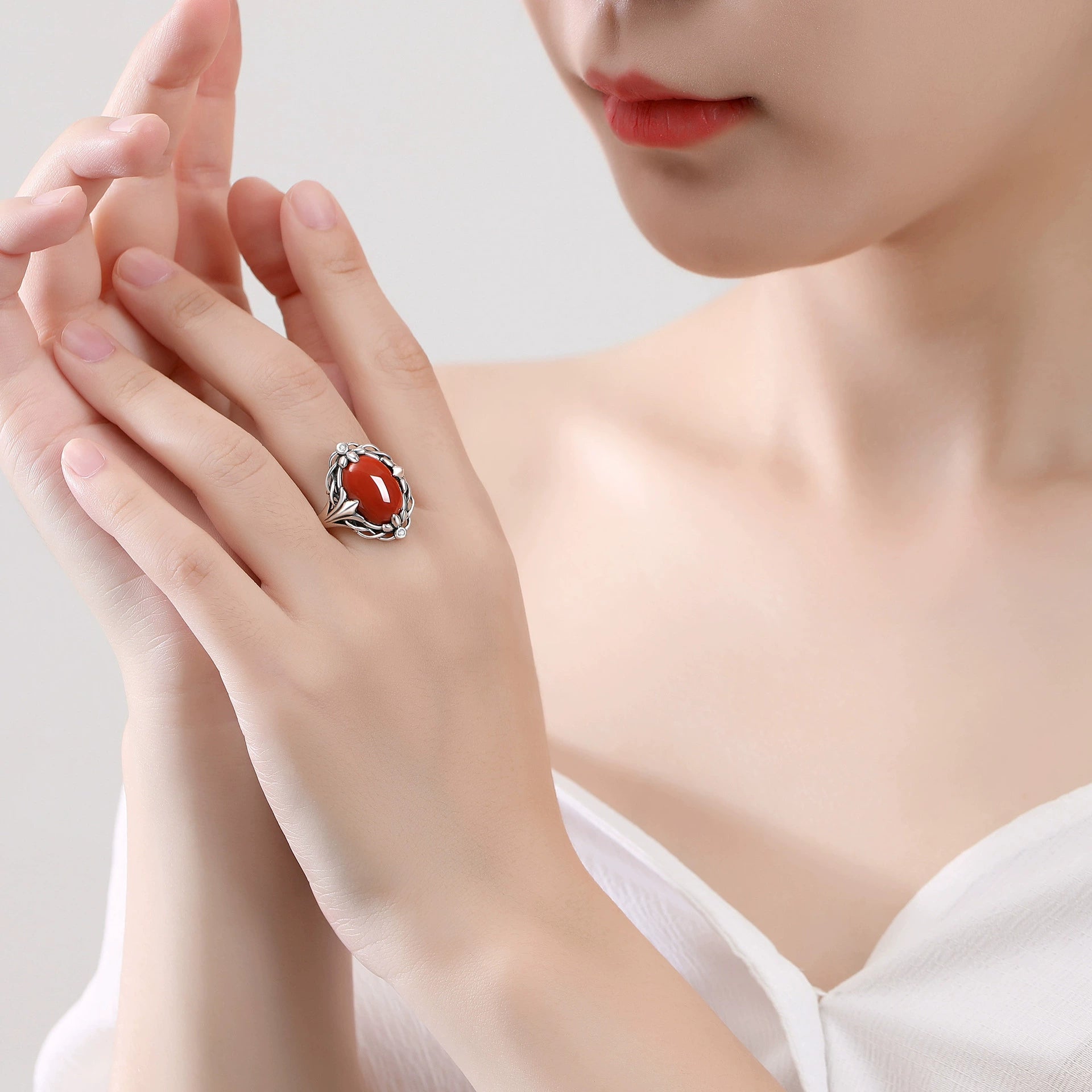 Red Agate Lotus Silver Healing Ring