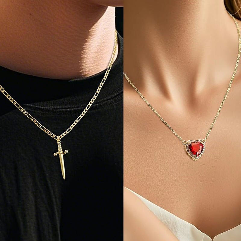 Red Heart Dagger Halo Pendant Plated Necklace