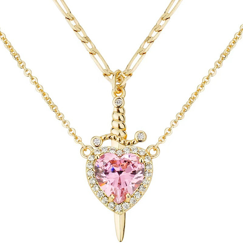 Red Heart Dagger Halo Pendant Plated Necklace