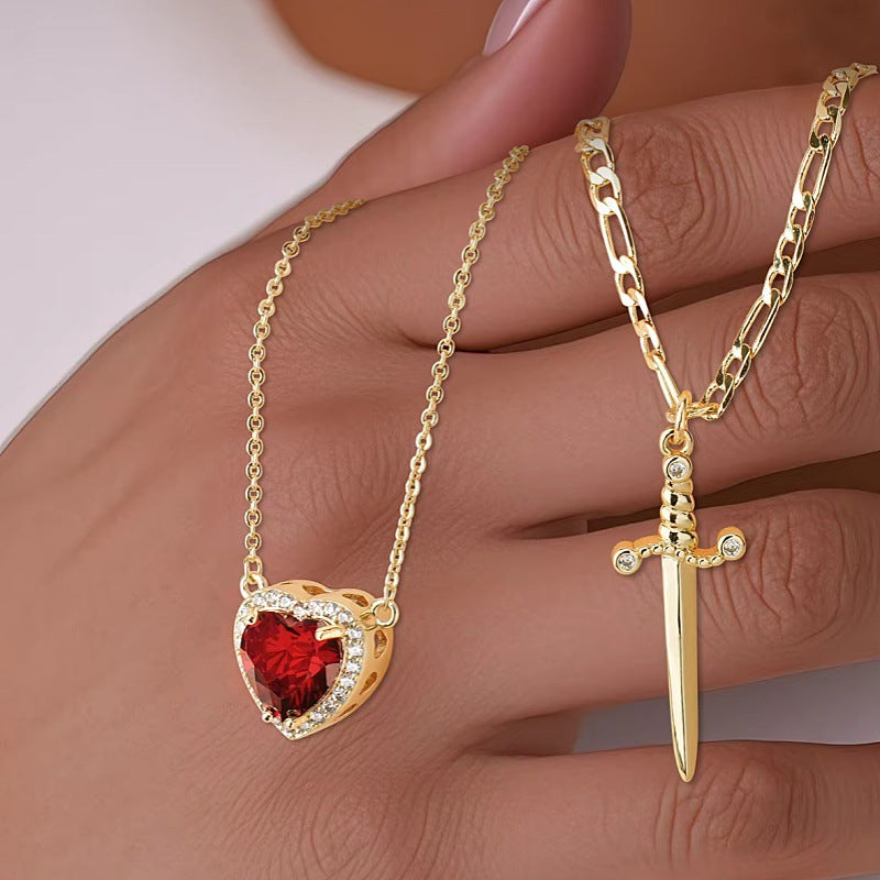 Red Heart Dagger Halo Pendant Plated Necklace
