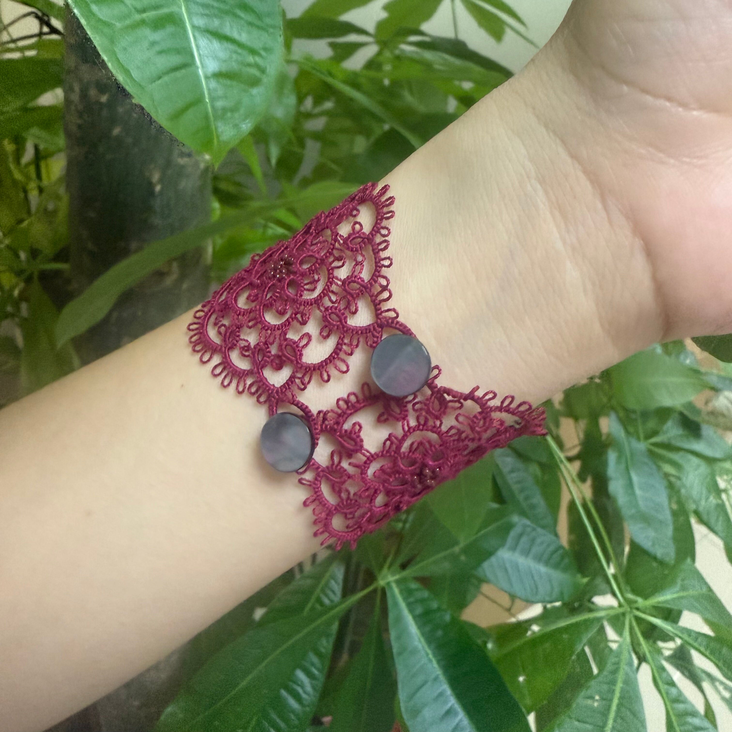 Tatting Lace Handmade Floral Red Vintage Boho Bracelet